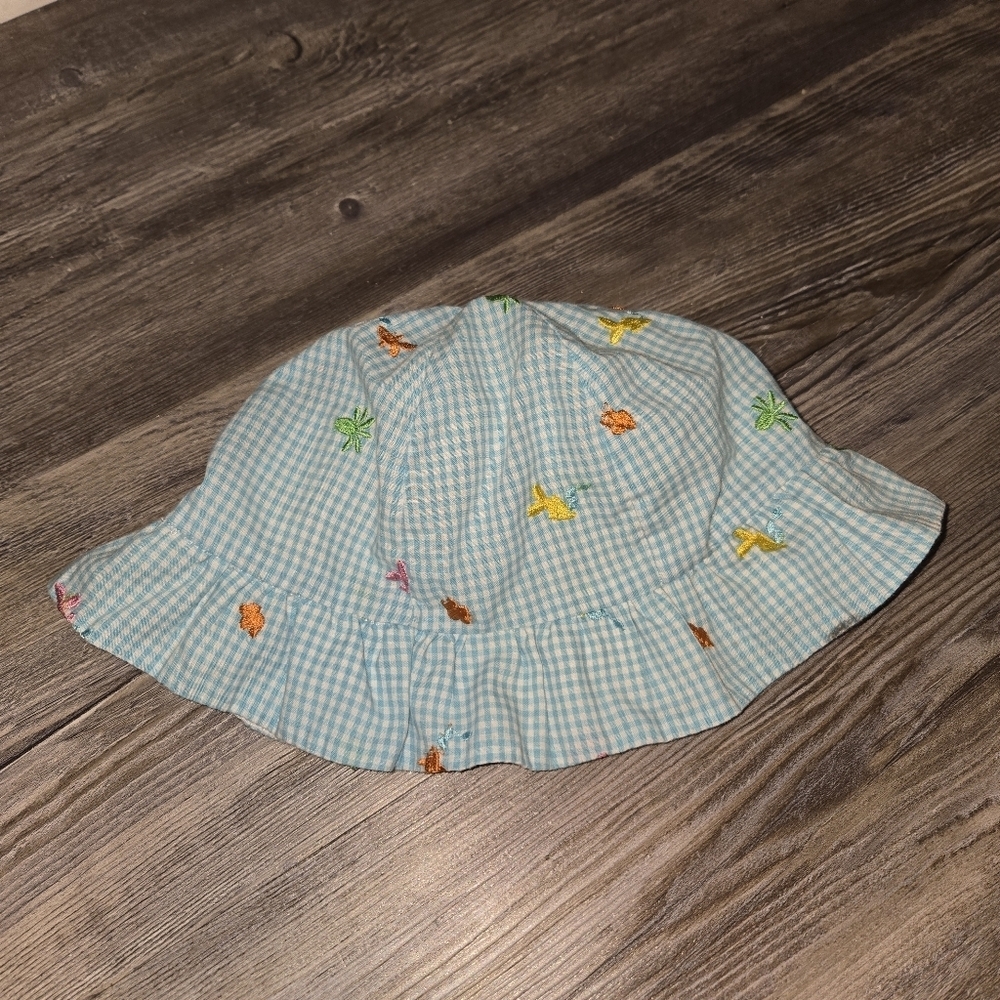 Blue Gingham Bucket Hat with Embroidered Accents